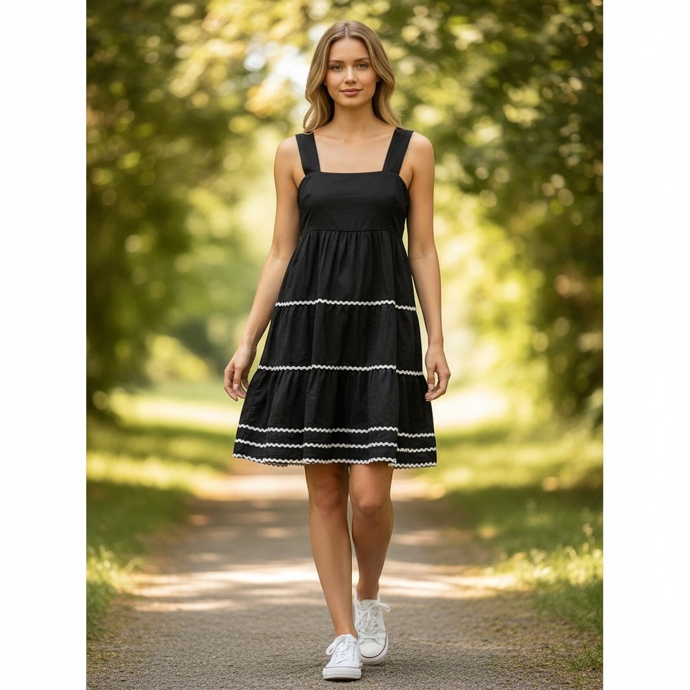 Nicoles Closet Black Cotton Ric Rac Tiered Midi Dress Smocked Back Pockets M